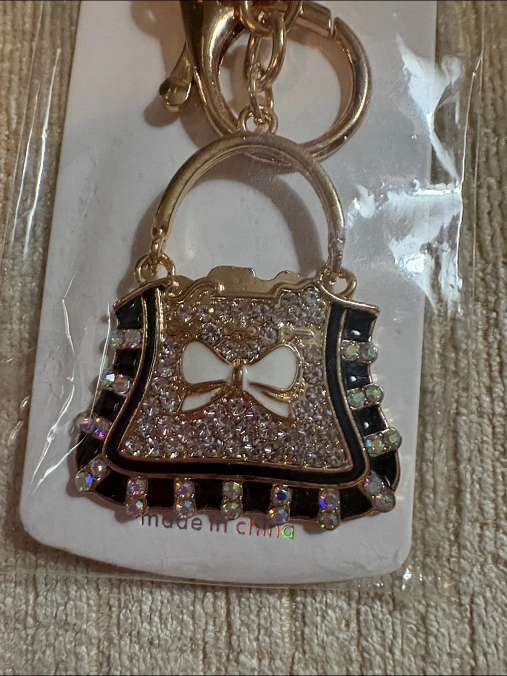 Mint Gold and Black Crystal Handbag Keychain